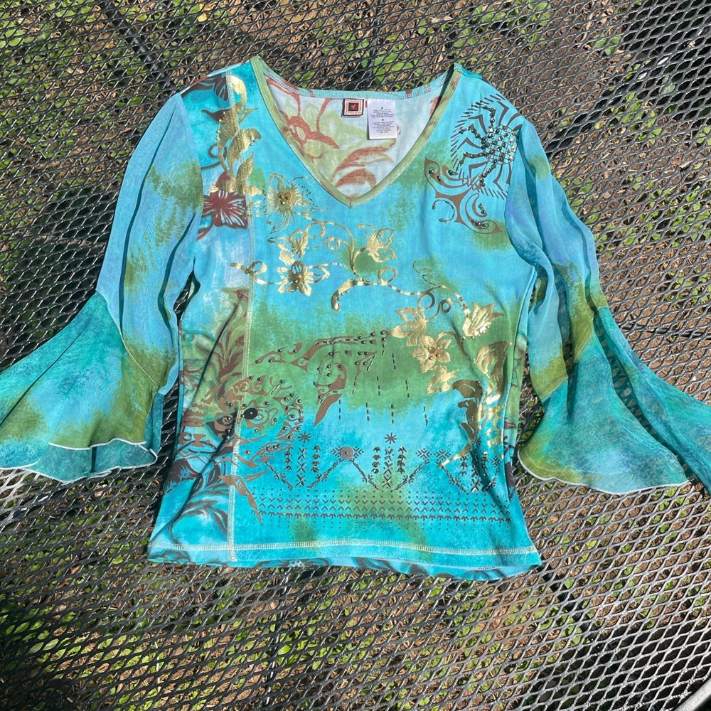 Y2k floral top sheer sleeves blue and green blouse vintage shirt women’s size M